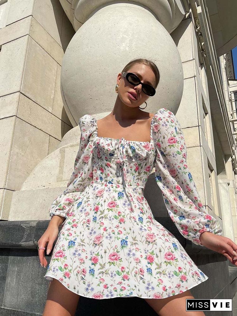 Floral Dress Women Lantern Long Sleeve Ruched Print A Line Square Neck Tie Up Mini Vestidos Sexy Chic Summer Beach Dress