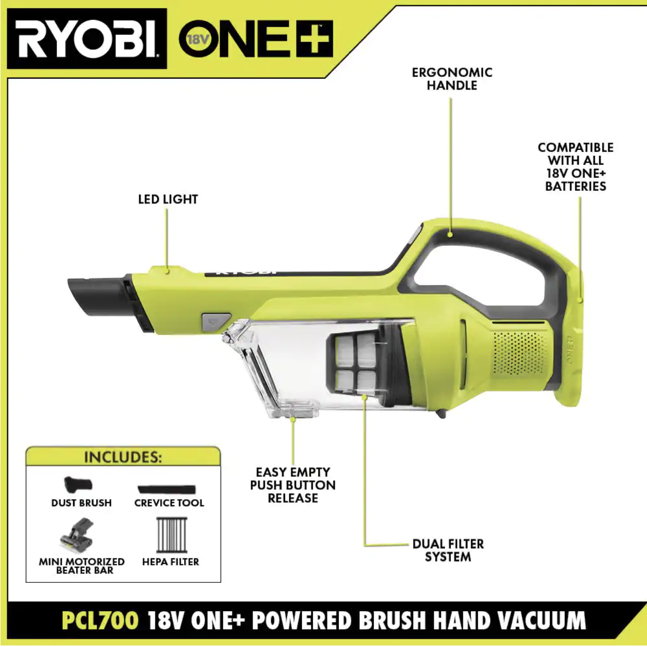 Ryobi One+ 18V Cordless Hand Vacuum With Powered Brush (Tool Only)