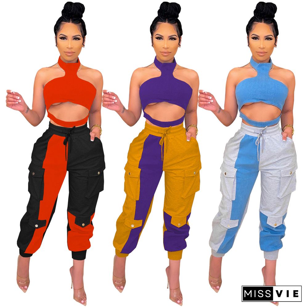 Women Summer Sexy Backless Halter Crop Top Contrast Color Splicing Overalls Club Party 2 Piece Pants Set