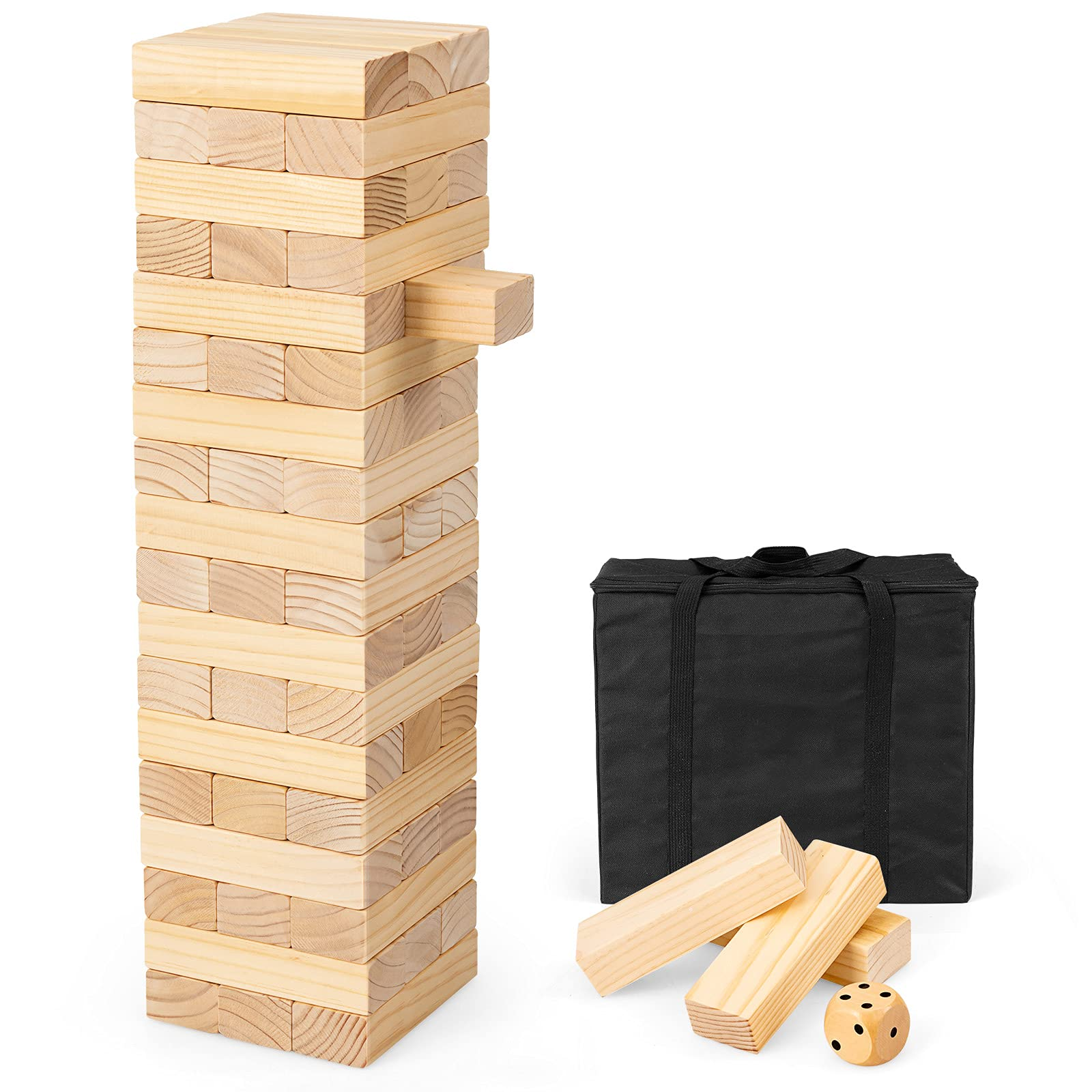 Costzon Giant Tumbling Timber Toy, 54PCS Pine Wooden Block Stacking Game w/ Carrying Bag