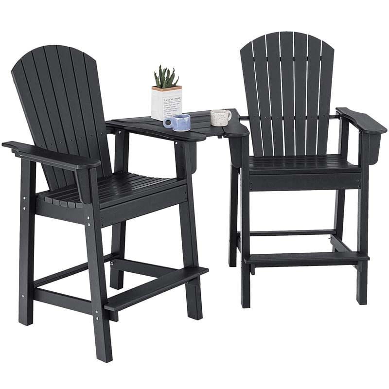 Set of 2 Tall Adirondack Chair, HDPE Adirondack Barstools with Middle Connecting Tray & Umbrella Hole