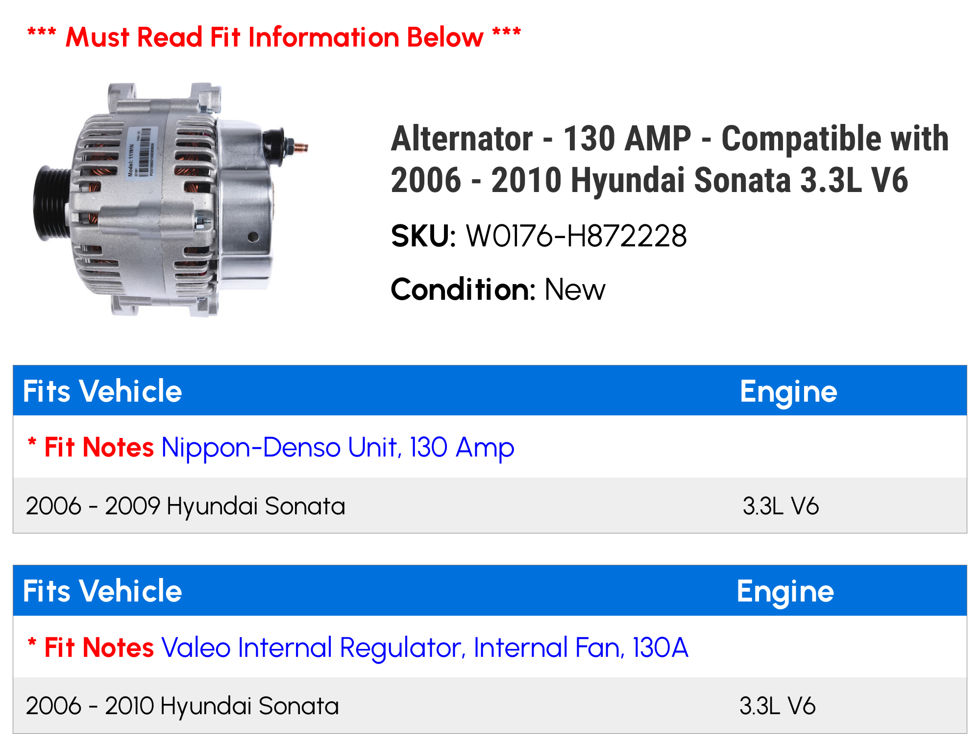 Alternator - 130 AMP - Compatible with 2006 - 2010 Hyundai Sonata 3.3L V6 2007 2008 2009