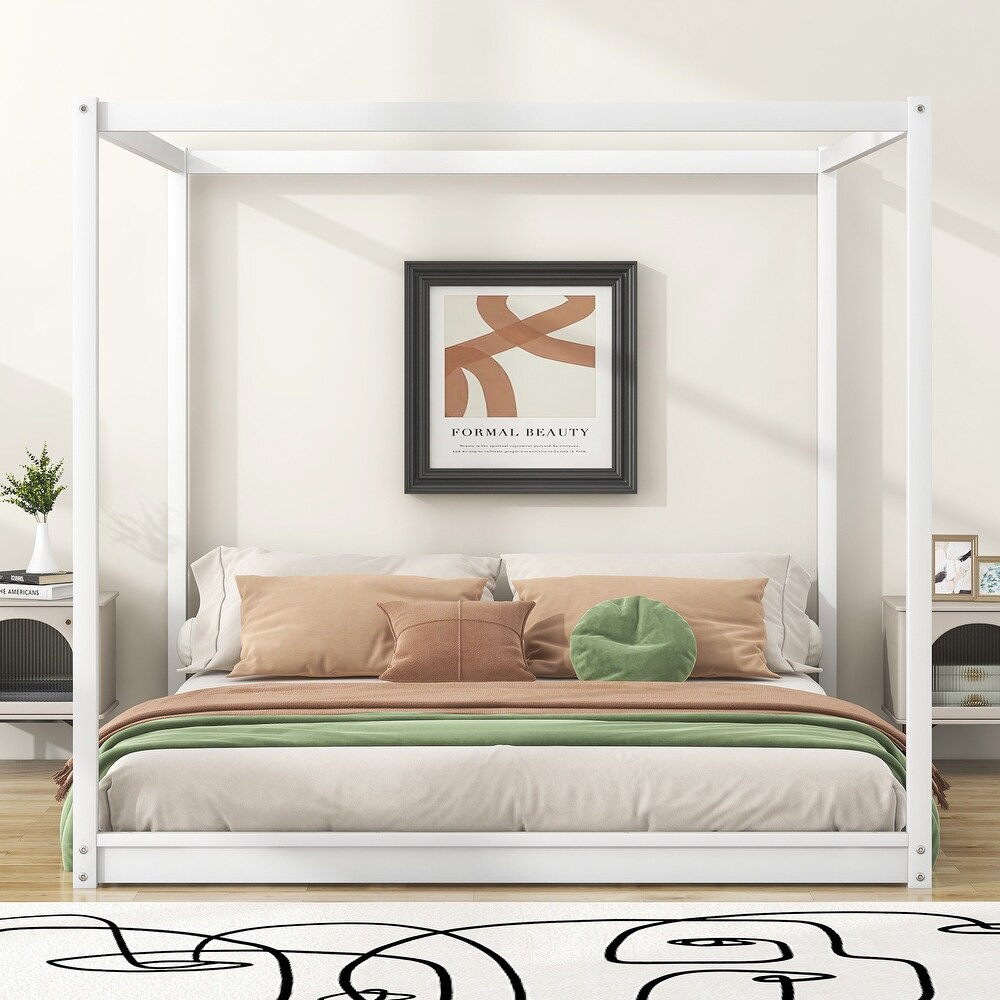 King Size Canopy Bed  Wooden Platform Bed  Modern Style Canopy Platform Bed  Luxury Large Bed Frame
