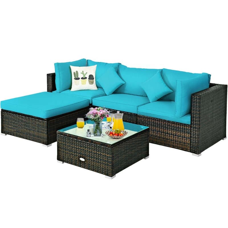 5 Pcs Outdoor Patio Rattan Furniture Sectional Sofa Set Wicker Conversation Set with Cushions