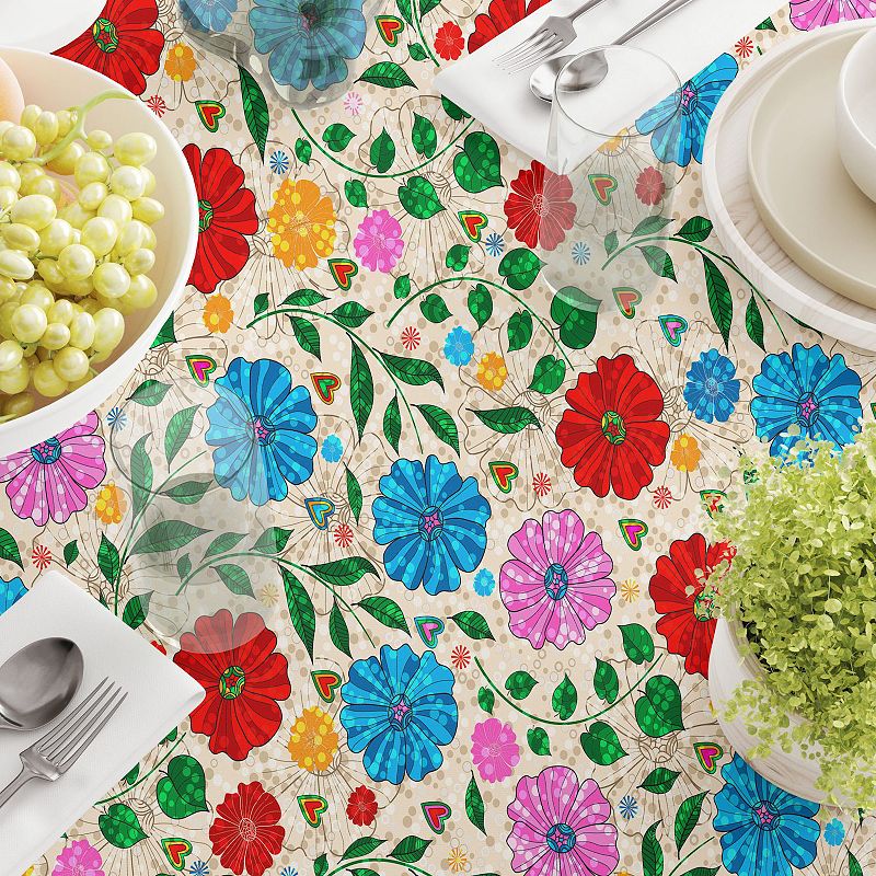 Round Tablecloth， 100% Polyester， 70 Round， Dots on Floral Landscape