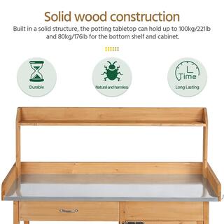 Yaheetech Outdoor Garden Potting Bench Table with Metal Tabletop Cabinet Drawer and Open Shelf DYqgk90001