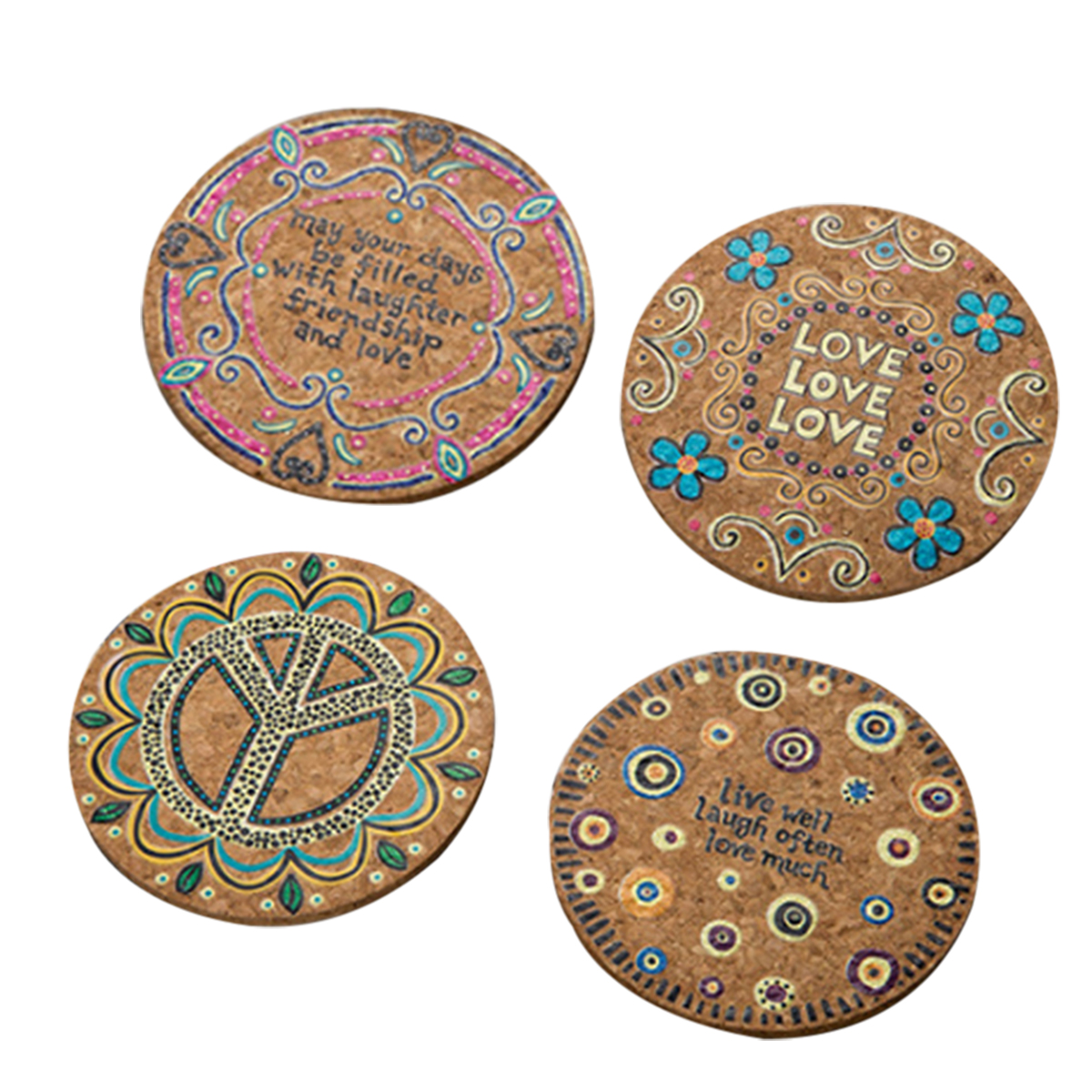 OUNONA 4 Pcs Round Natural Cork Coasters Heat Resistant Patterned Mats Tabletop Protection Drink Coasters(Mixed)