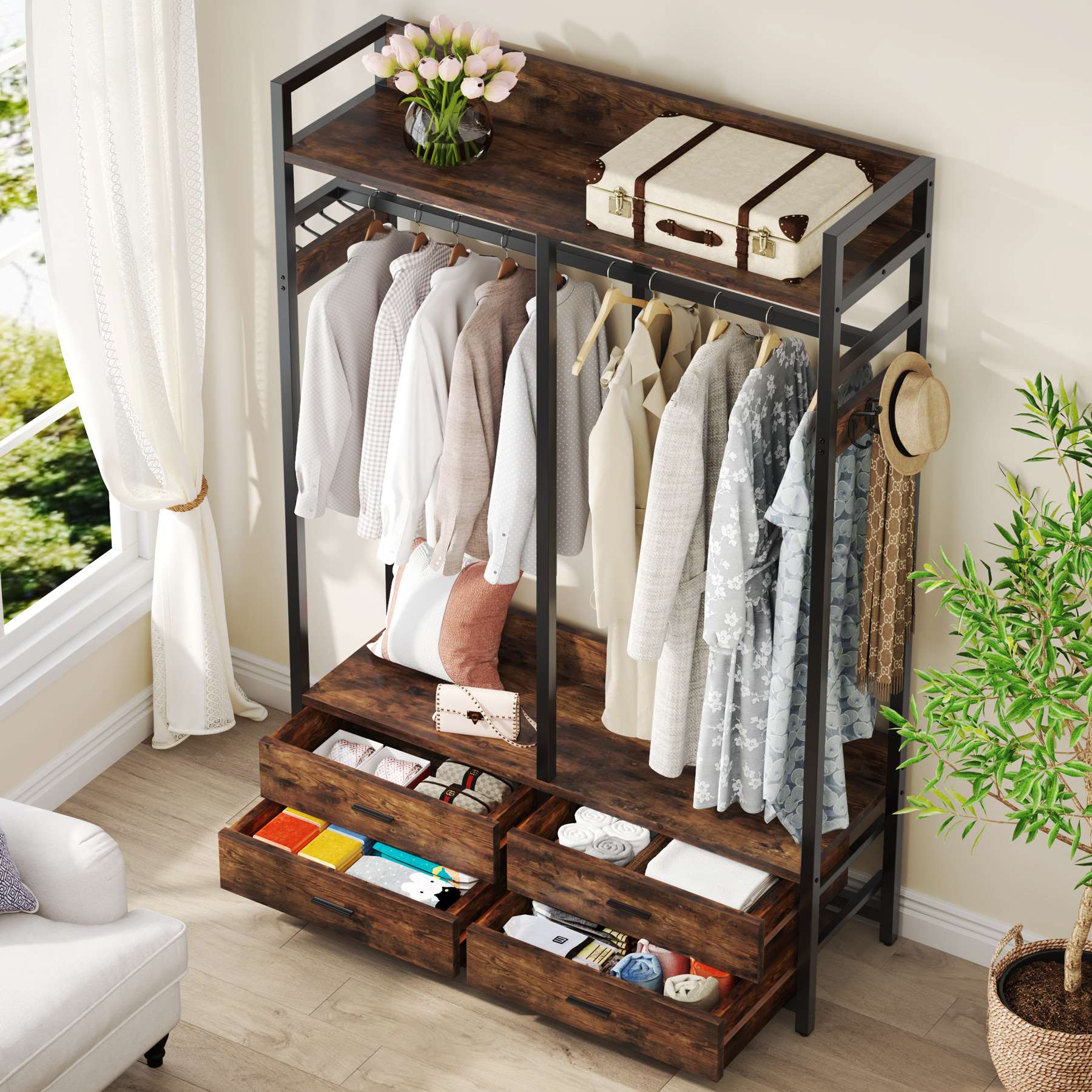 Freestanding Closet Organizer, Garment Rack with Drawers & Shelves