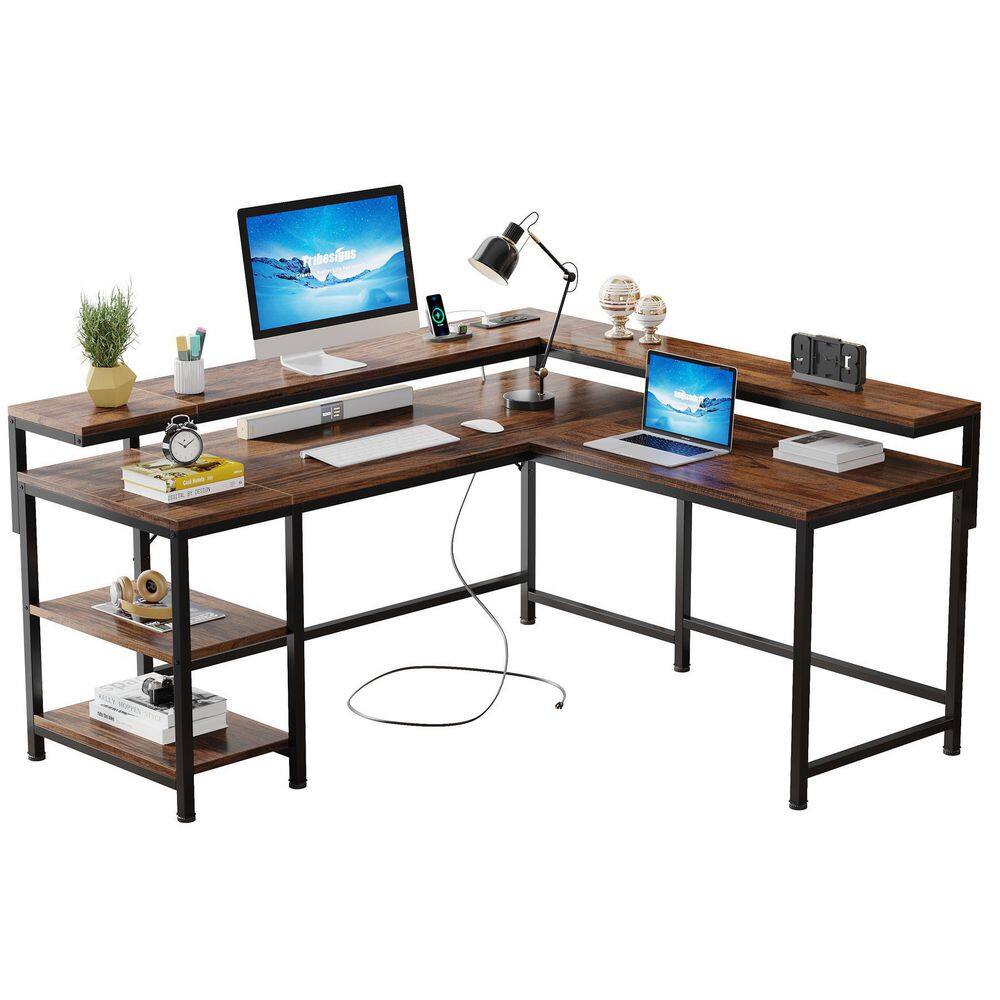 Perry 78.7 in. L Shaped Rustic Brown Wood Computer Desk with Power Outlets Monitor Stand and Storage Shelves HD-YU220389