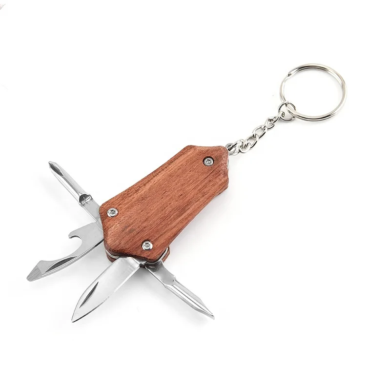 Popular Hiking Hunting Outdoor Survival Key Chain Wooden EDC Tools Multifunctional Bottle OPener Screwdriver