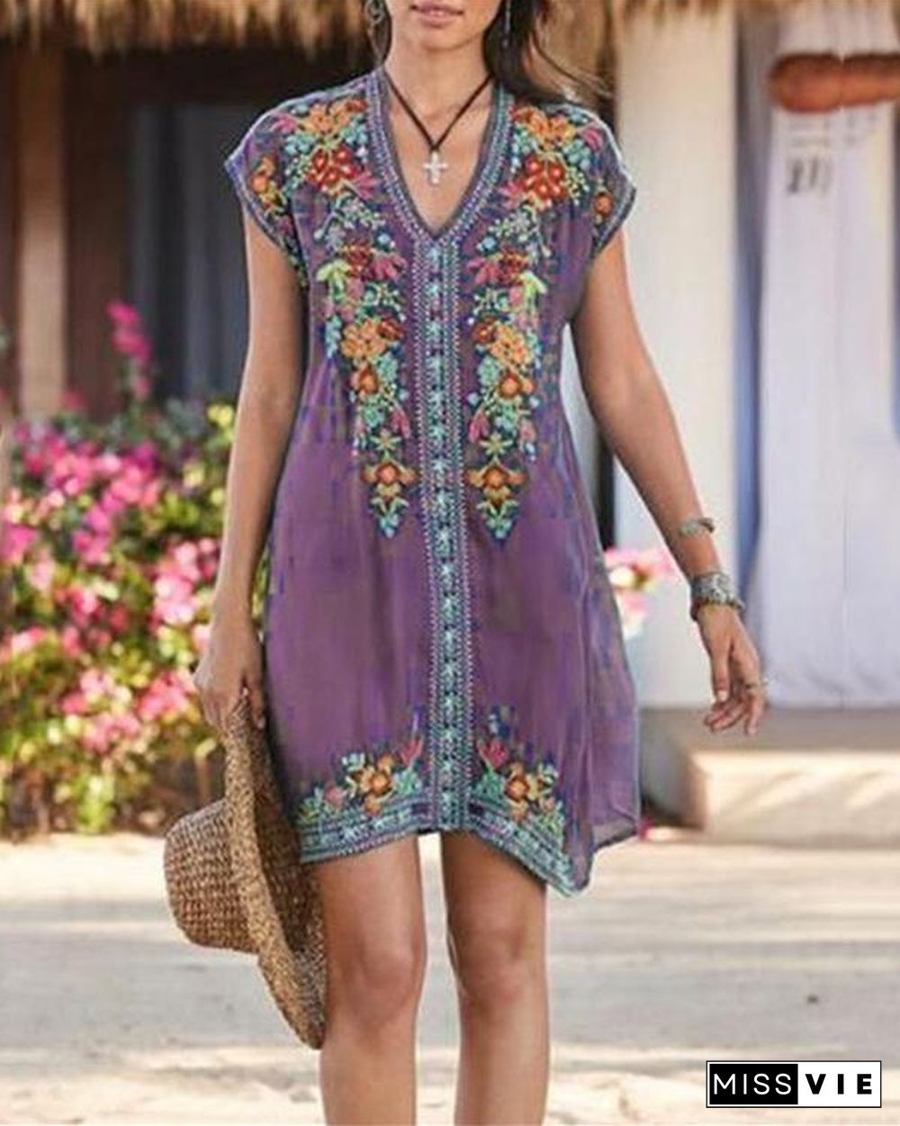 Plus Size Bohemian Embroidery V Neck Mini Dress