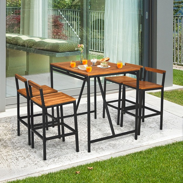 Costway 5pcs Patio Rattan Bar Table Stool Set Acacia Wood Top W umbrella Hole