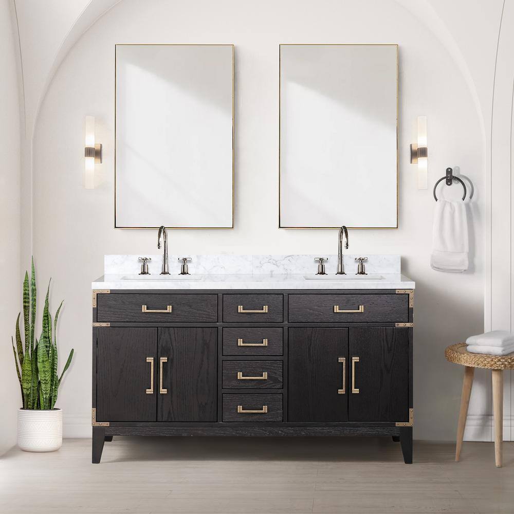 Lexora Fossa 60 in W x 22 in D Black Oak Double Bath Vanity and Carrara Marble Top LVF60DJ100