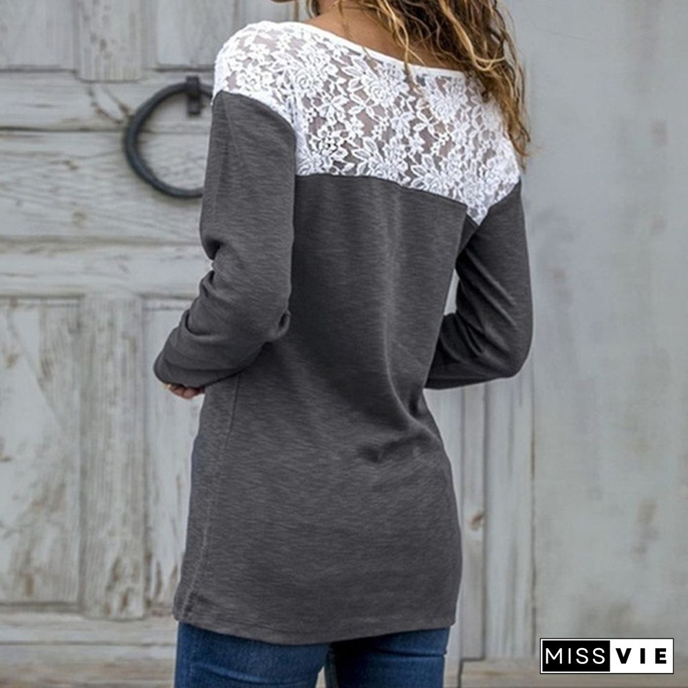 XS-8XL Autumn and Winter Tops Plus Size Fashion Clothes Women's Long Sleeve T-shirts O-neck Lace Blouses Ladies Solid Color Cotton Pullover Sweatshirts Loose T-shirts