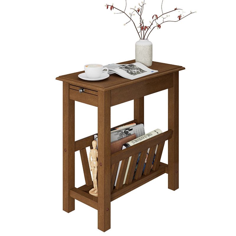 2-Tier End Table with Pull-out Tray and Solid Rubber Wood Legs