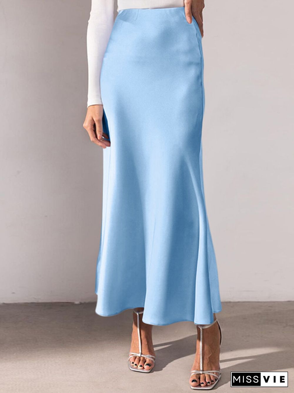 Solid Color Ruched Ankle Length High Waist Skirt