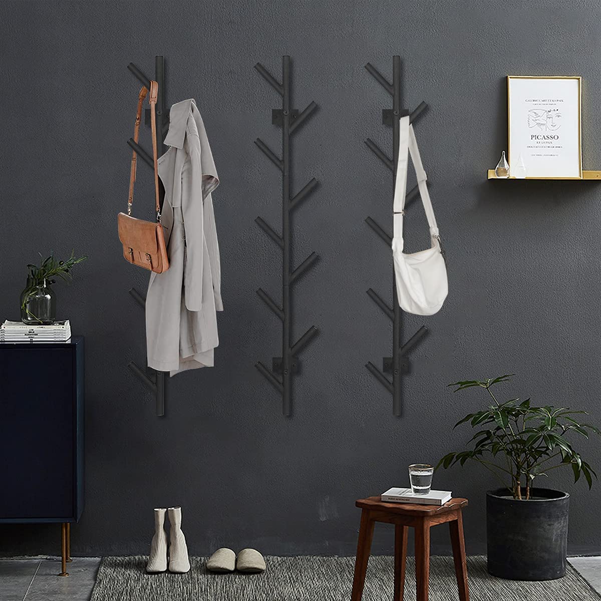 Wall Mounted Tree Branch Coat and Hat Rack with 9 Hooks for Hanging Clothes