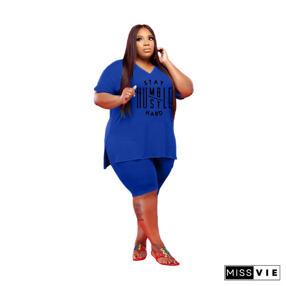 Plus Size Women Short Sleeve V Neck T-Shirt Knee Length Shorts Summer Clothes Two Piece Matching Set