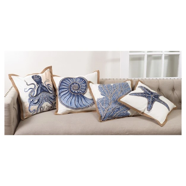 Oversize Sea Fan Coral Printed Cotton Square Throw Pillow Blue