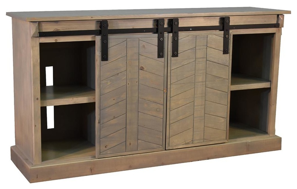 Mason Chevron 65 quotSliding TV Stand  Vintage Gray   Farmhouse   Entertainment Centers And Tv Stands   by Crafters and Weavers  Houzz