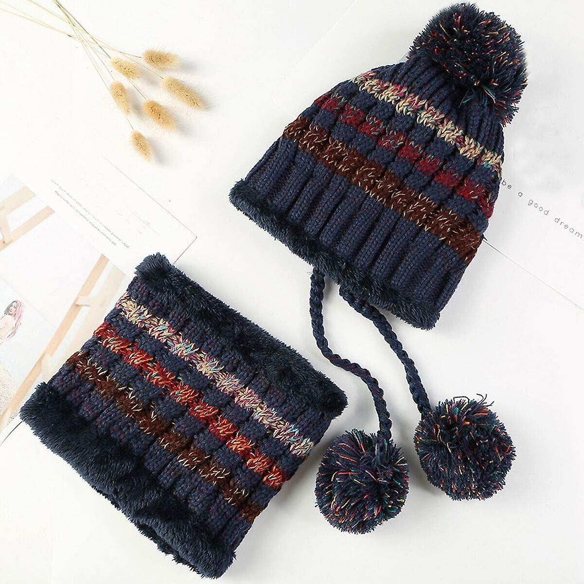 Women Winter Beanie Hat Peruvian Circle Scarf Set Ski Ear Flaps Caps Dual Layered Fleece Lined Pompoms A1-m8771-navy -