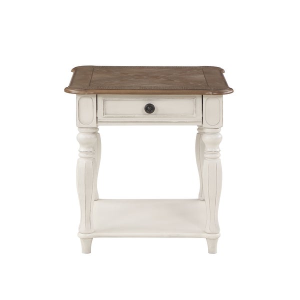 Vintage Style End Table In Oak and antique White Finish with Roman Column Legs for Den， Bedroom， or Living Room， Easy Assemble