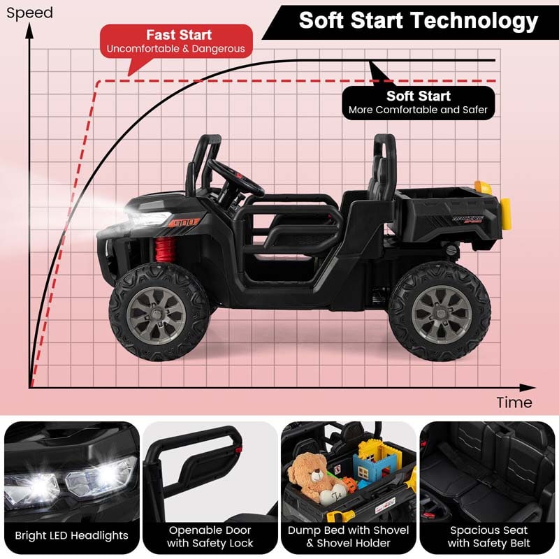 2-Seater Kids Ride On Car, 12V Battery Powered Off-Road UTV Dump Truck with Electric Dump Bed & Shovel