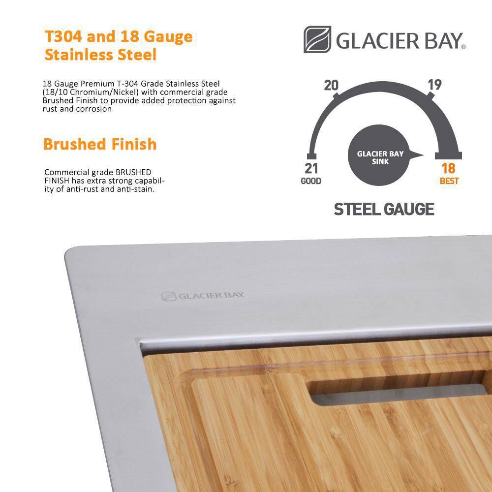 Glacier Bay Zero Radius Undermount 18G Stainless Steel 15 in. Single Bowl Workstation Bar Sink with Stainless Steel Faucet 4333F