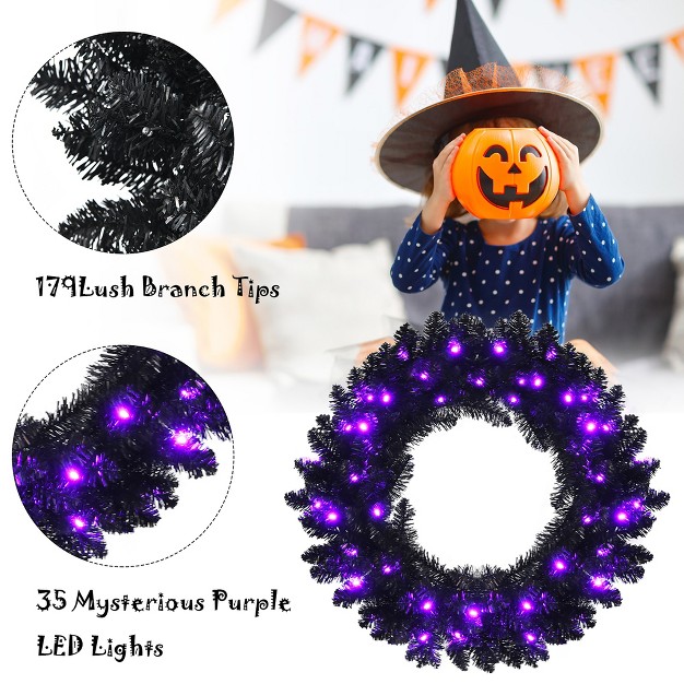 Costway 24inch Pre lit Christmas Halloween Wreath Black W 35 Purple Led Lights