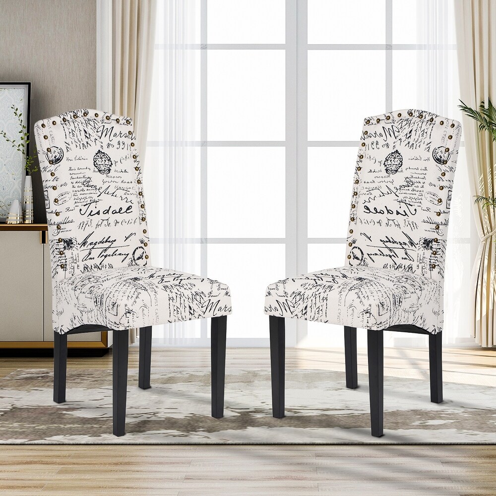 Dining Script Fabric Accent Chair with Solid Wood Legs  Set of 2