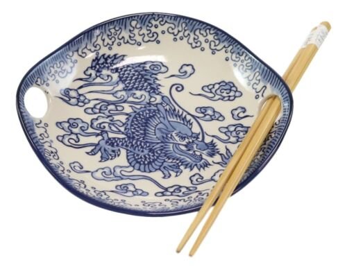 1 Blue Feng Shui Dragon Small Appetizer Coupe Plate Flat Bowl With Chopsticks Set EBR02