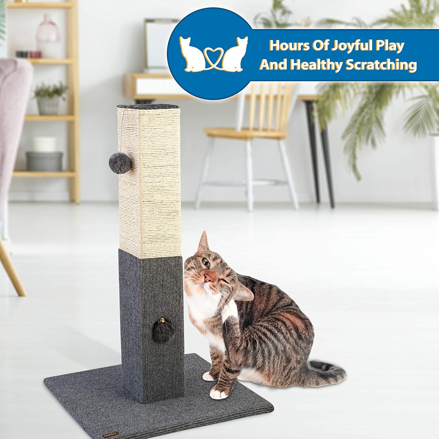 PAWBEE Cat Scratching Post with Softball and Jingle Bell Toy， 32