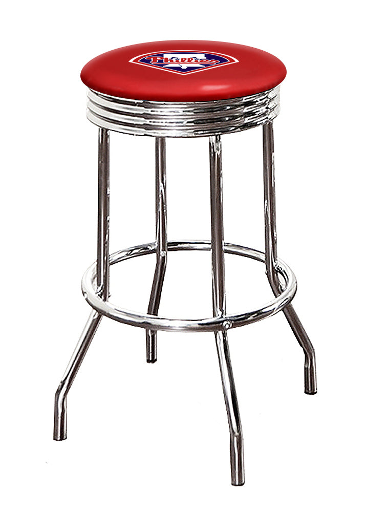 The Furniture King Bar Stool 24 or 29 Tall Backless Chrome Metal Stool Featuring Your Favorite Baseball Team Logo on a Colored Vinyl Swivel Seat Cushion - Phillies on Red