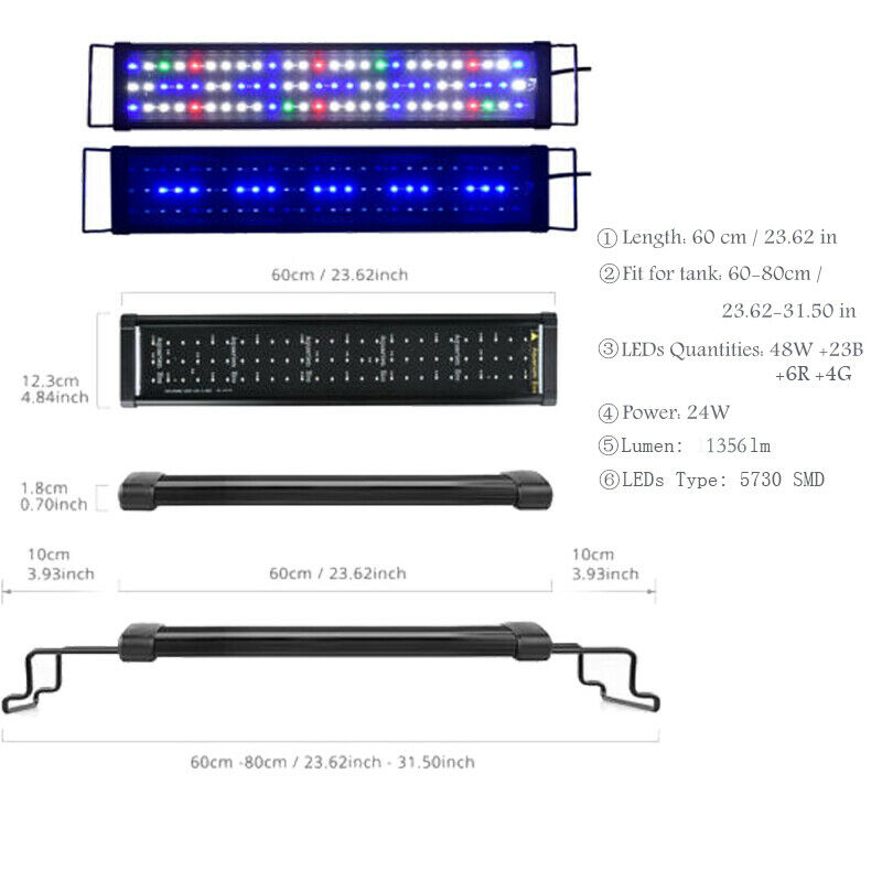 23.6inch Full Spectrum Aquarium Hood Lighting 81 LEDs 23.6-31.5inch Fish Tank Light Freshwater Marine Lamp