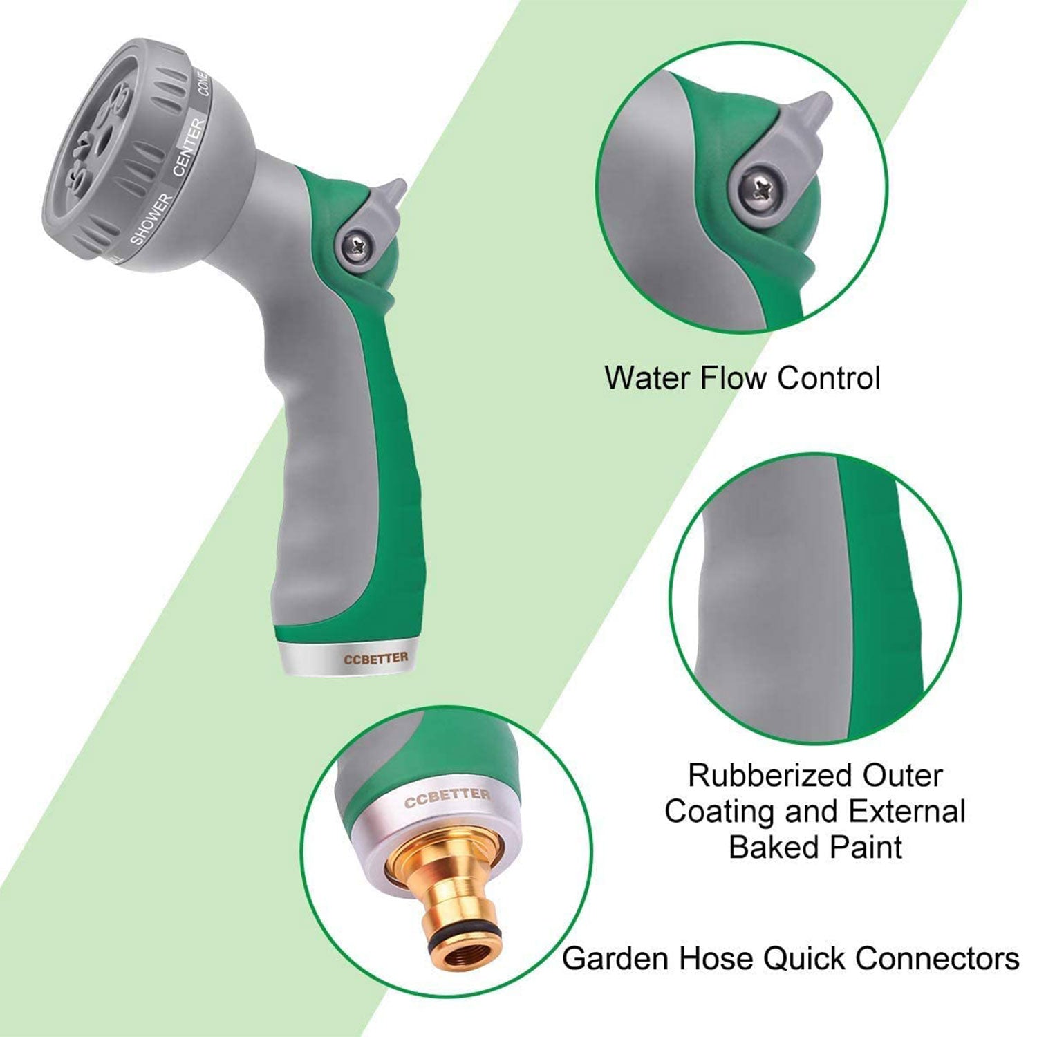 Water Sprayer， CCBETTER Garden Hose Nozzle， Car Washing Water Hose Sprayer Nozzle 8 Patterns， Heavy Duty Durable Non-slip Handle， with Thumb Control， Green