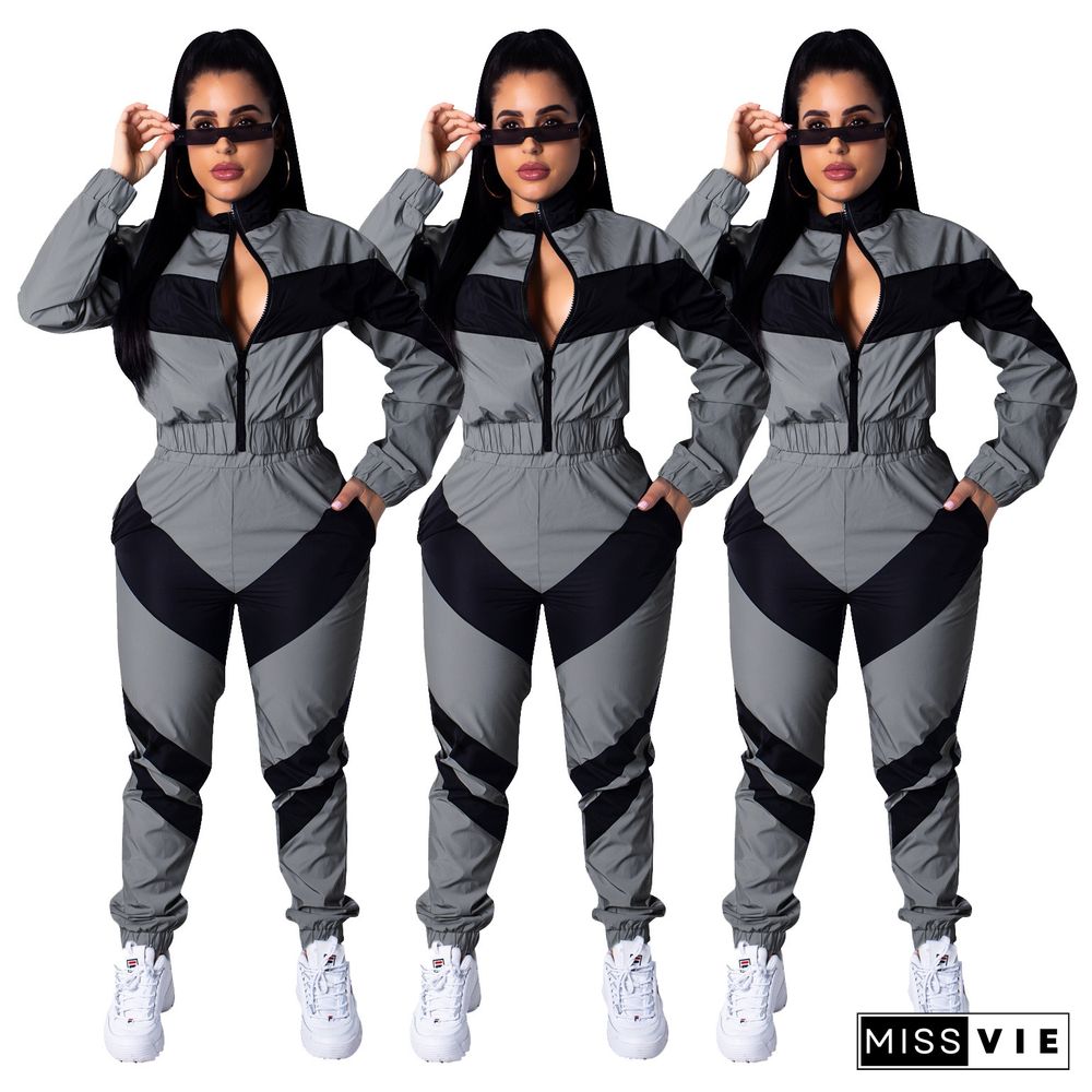 Leisure Patchwork Zipper Pants Set 2 Pieces