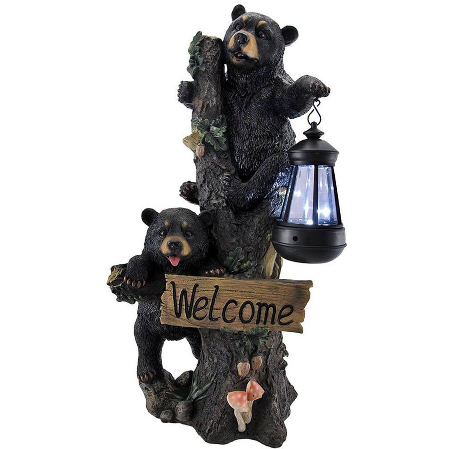 DWK Twin Bears Climbing a Tree Outdoor 18" Porch Sign and Solar LED Light Lamp Outdoor Home Garden Decor Bear Statues