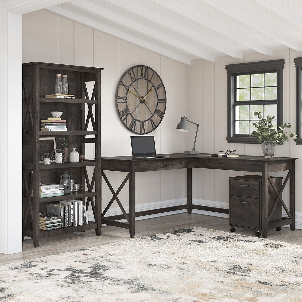 Key West 60W L Desk with File Cabinet and Bookcase by Bush Furniture