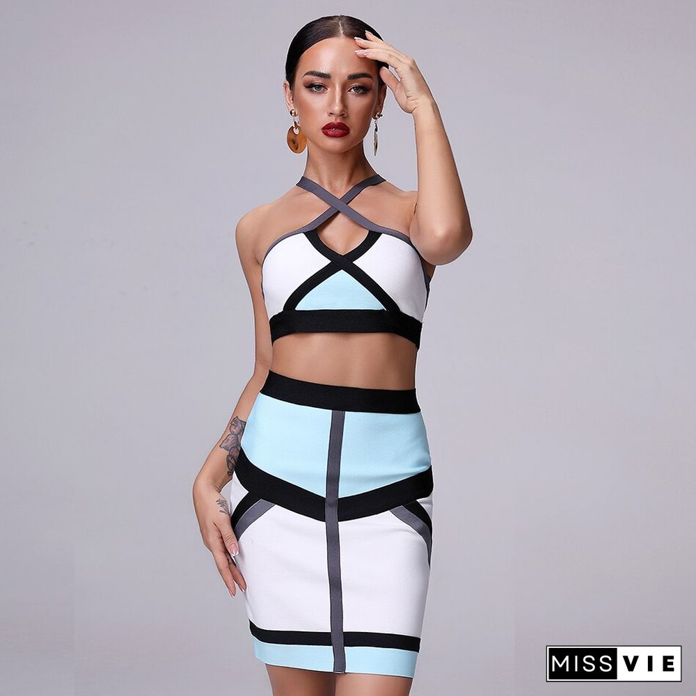 Summer New Women Color Blocked Halter Two-piece Set HL NEW Bandage Dress Celebrity Club Party Dresses Vestidos Wholesale