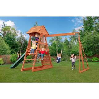 Creative Cedar Designs Cedar Chalet Complete Wood Playset with Wooden Roof Climbing Wall Sandbox Slide and Multiple Swing Set Accessories 3710