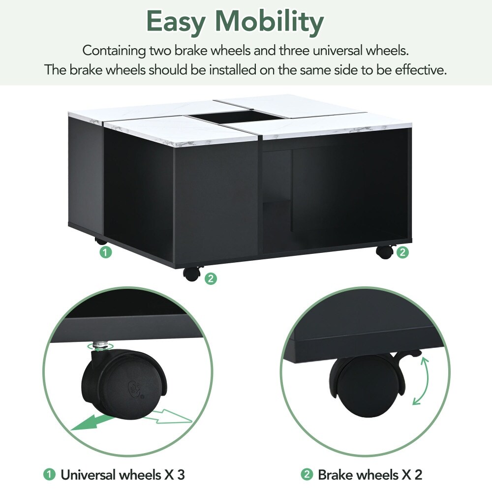 31.4 in.Square Removable Coffee Table with Casters  Cocktail Table