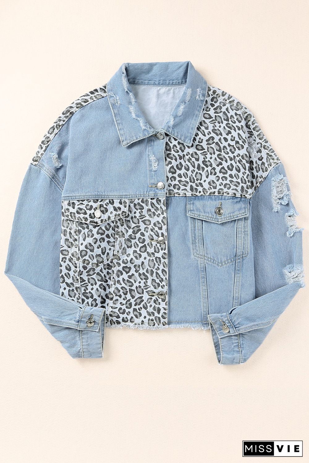 Sky Blue Plus Size Leopard Ripped Cropped Denim Jacket