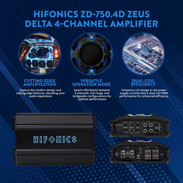 Hifonics Zeus Delta 750 Watt Compact 4 Channel Nickel Plated Mobile Car Audio Amplifier With Auto Turn On Feature Zd 750 4d Black