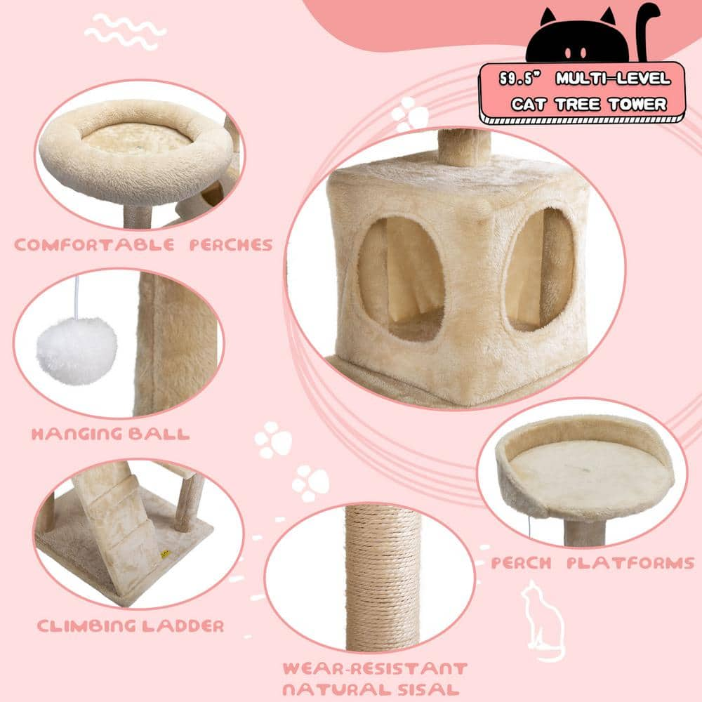 COZIWOW 59.5 in. Cat Tree Kitten Activity Condo Penthouse W/ Scratching Post and Ladder Beige CW12N0207