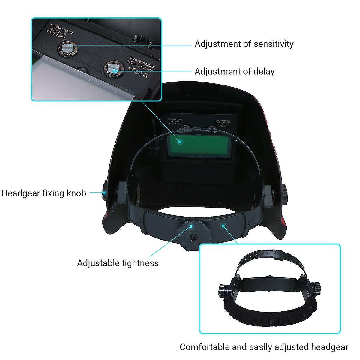 Welding Helmet Solar Powered Auto-darkening Protective Helmet Welding Mask Shield With Variable Shade Grind Mode Red