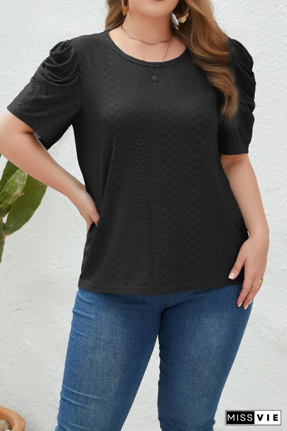 Eyelet Smocked Sleeves Plus Size Top