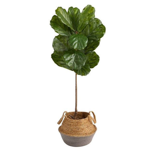 Nearly Natural 4-ft Fiddle Leaf Tree In Boho Chic Handmade Cotton and Jute Gray Woven Planter Uv Resistant