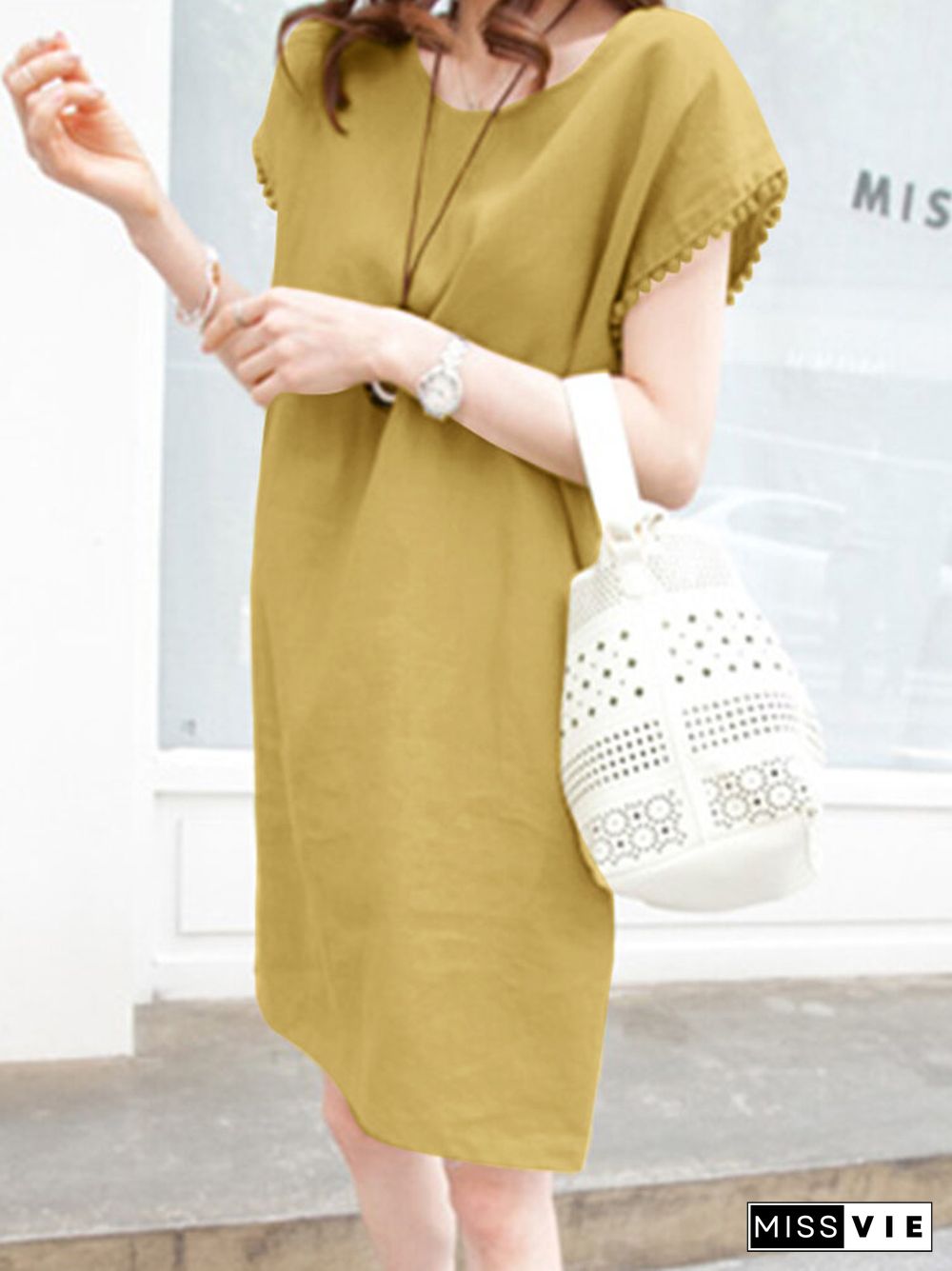 Solid Crew Neck Short Sleeve Loose Dress For Women