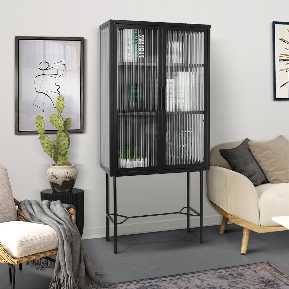 Elegant Floor Cabinet with 2 Tampered Glass Doors Living Room Display Cabinet