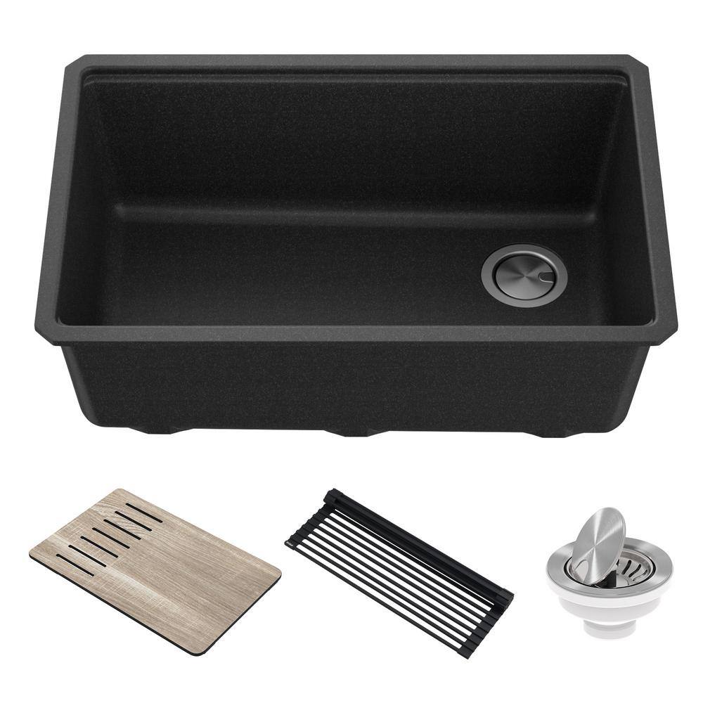 KRAUS Bellucci Black Granite Composite 30 in. Single Bowl Undermount Workstation Kitchen Sink with Accessories KGUW2-30MBL